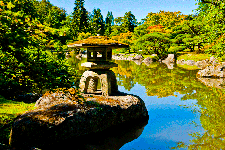 Japanese Lantern on Rock with Pond, Seattle Japanese Garden
